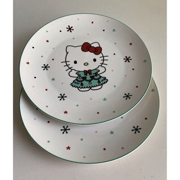 Set Of 2 Sanrio Hello Kitty Ceramic Dinner Plate 10.5” Christmas Tree Snowflake - Picture 2 of 13